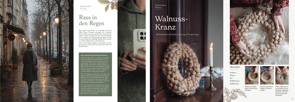 Inhaltsseite aus dem Herbstjournal 2026, linkes Bild KI-generiert und redaktionell bearbeitet von Fields & Fables,